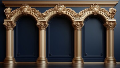 Three Gilded Columns Supporting Arched Openings Against a Navy Blue Wall