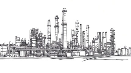 A Hand-Drawn Sketch of a Large Industrial Complex with Tall Towers and Pipes