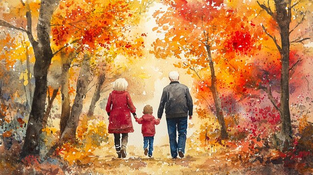 Grandparents with their grandchildren walking through a colorful autumn forest, holding hands, watercolor style