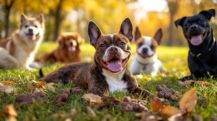Happy Dogs Playing in Autumn Park