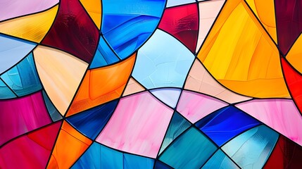Fototapeta premium Abstract colorful stained glass window with geometric patterns and vibrant colors.