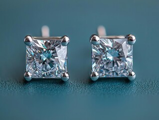 Fototapeta premium Square diamond earrings isolated, each faceted gemstone sparkling with clarity and brilliance square-cut earrings, gemstone, faceted