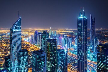 Obraz premium Night view of Riyadh’s illuminated skyscrapers, modern architecture, and glowing towers highlighting the city's rapid urban growth and development.