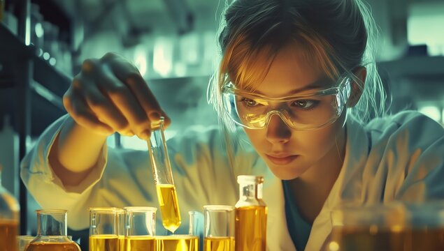 scientist in blom robe holding flask in laboratory
