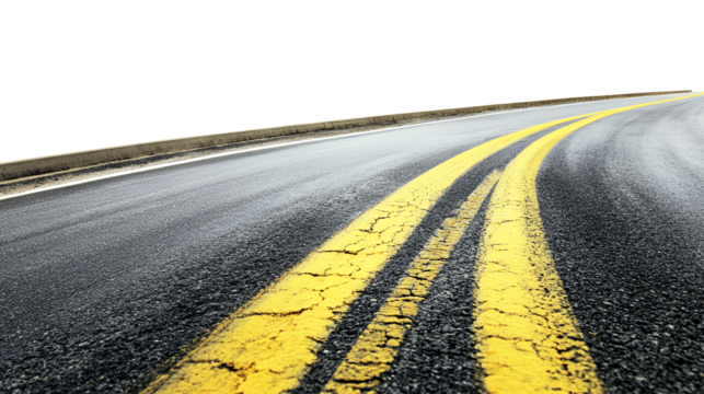 A close-up of a black asphalt road with two yellow lines in the center leading into the distance.