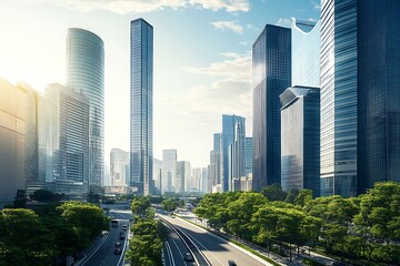 Fototapeta premium Futuristic view of a city with high-rise buildings and modern towers, representing urban progress and advanced architectural development.