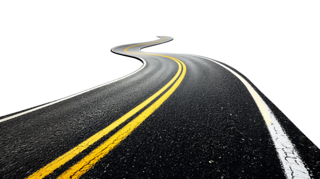 A winding asphalt road with yellow lines disappearing into the distance. - Powered by Adobe