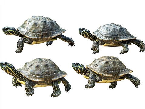 A collection of four realistic turtle images showcasing their distinct shell patterns and vibrant colors against a white background.