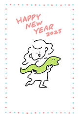 手描きの笑顔で蛇を抱える女の子の年賀状　2025