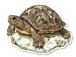 Fototapeta premium A detailed illustration of a tortoise resting on a rock, showcasing its textured shell and calm demeanor.