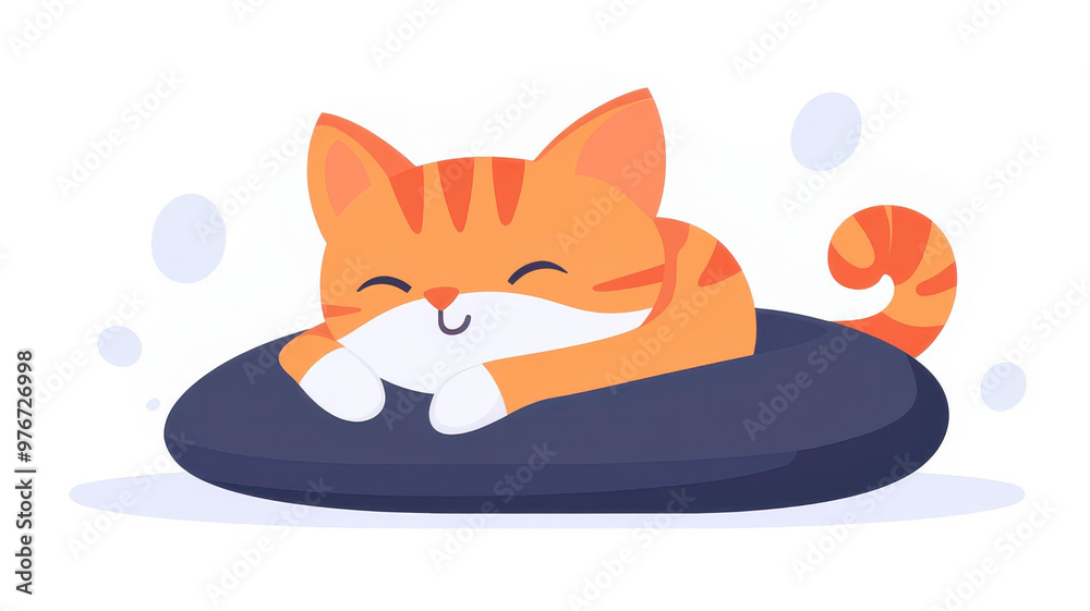 Sticker A charming kitten relaxes on a fluffy pillow, radiating joy in a vibrant cartoonstyle illustration.