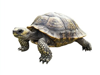 Obraz premium A majestic tortoise walking gracefully on a white background, showcasing its unique shell and intricate patterns.