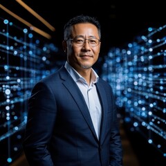 Fototapeta premium Professional man in a suit stands confidently in a data-driven environment, showcasing innovation and technology.