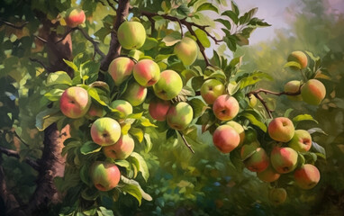 Freshly Picked Red and Green Apples on Tree Branch
