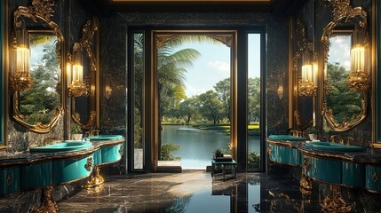 Obraz premium Tranquil Elegance: Luxurious Turquoise Sink Restroom with Golden Mirrors - Perfect for Sporty Interior Posters Showcasing Natural Beauty and Opulence