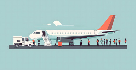An illustration showing passengers boarding a commercial airplane using portable stairs. People are seen entering the aircraft with luggage, 