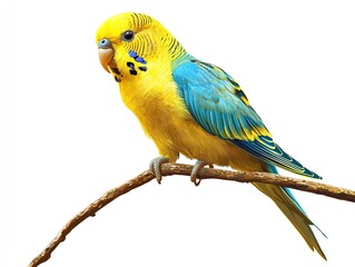 A vibrant blue and yellow budgerigar perched on a branch, showcasing its colorful feathers and distinct features.