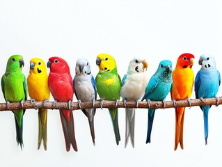 A vibrant collection of colorful parrots perched on a branch, showcasing their unique feathers and lively personalities.