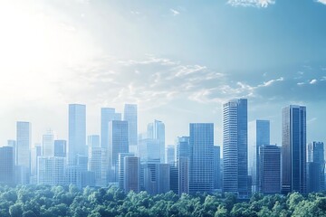 Fototapeta premium Futuristic view of a city with high-rise buildings and modern towers, representing urban progress and advanced architectural development.