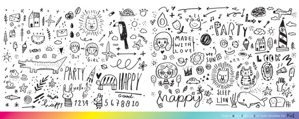 Collection of hand drawn cute doodles,Doodle children drawing,Sketch set of drawings in child style,Funny Doodle Hand Drawn,Page for coloring, cute animal hand drawn, cute Doodle
