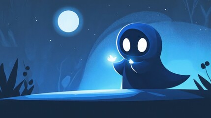 A ghostly figure in a blue hood emanates soft light, captivating under the serene glow of moonlight in a charming illustration.