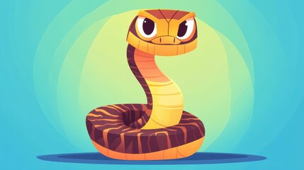 Fototapeta premium A vibrant blue background showcases a charming cartoon cobra in a playful flat style, perfect for any fun design.