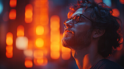 Young Man Trader Meditating Under Falling Crypto, Digital Illustration