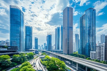 Futuristic view of a city with high-rise buildings and modern towers, representing urban progress and advanced architectural development.
