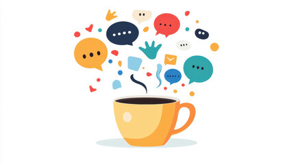 A lively coffee cup shares its thoughts with whimsical dialogue bubbles, showcasing a playful cartoonish vibe.