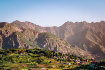 Landscape with mountains. Deori village. Sainj Valley, Eco Zone, Great Himalayan National Park, Himachal Pradesh, India.