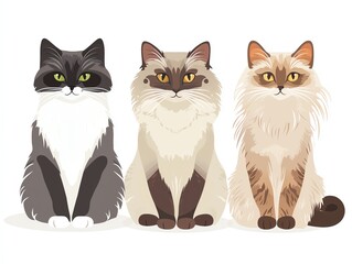Three adorable cats sitting together, showcasing unique fur patterns and vibrant eyes, perfect for pet lovers and animal graphics.