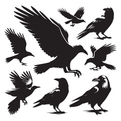 Set of crow silhouette vector on a white background