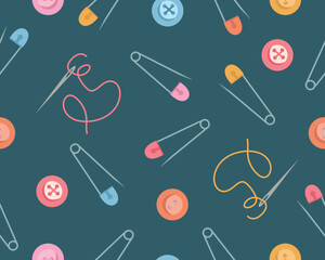 Vector seamless pattern using sewing tools. Illustration of safety pins and buttons. Vector illustration