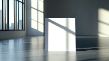Fototapeta premium Empty white paper sign placed on a reflective glass surface, capturing the reflection and light play.