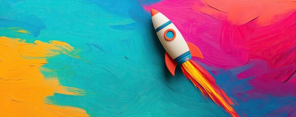 A colorful rocket launch against a vibrant background, symbolizing innovation and creativity in technology and space exploration.