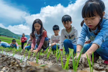 Several children are learning to plant rice seedlings in the field