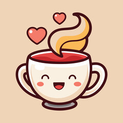 A whimsical sticker illustration of a coffee cup with a smiling face