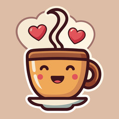 A whimsical sticker illustration of a coffee cup with a smiling face