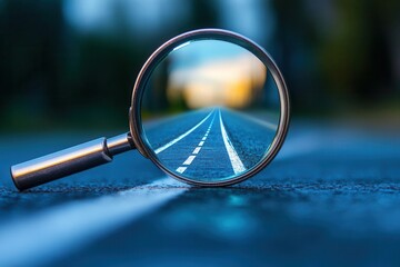 A magnifying glass highlighting a roadmap, representing focus and clarity in strategic vision, photorealistic