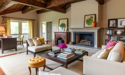 Fototapeta premium Living room with a large, modern fireplace.