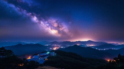 Obraz premium Milky Way Galaxy over Mountain at Night, Deogyusan mountain in South Korea.