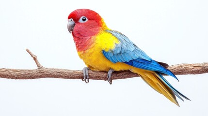 Colorful parrot perched on a branch against a light background.