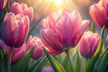 Close-Up of Pink Tulips with Gradient Petals Illuminated by Soft Sunlight