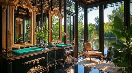 Obraz premium Enhance Your Space with a Serene Vanity Area Poster: Capture Elegance with Gold Mirrors, Turquoise Sinks, and Nature's Reflections Against a Lush Green Backdrop!