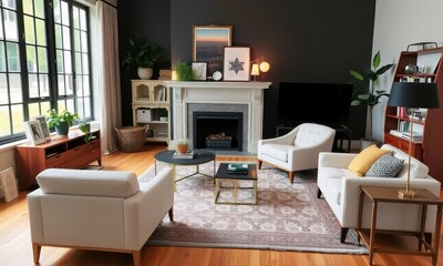 Living room with a mix of vintage and modern furniture.