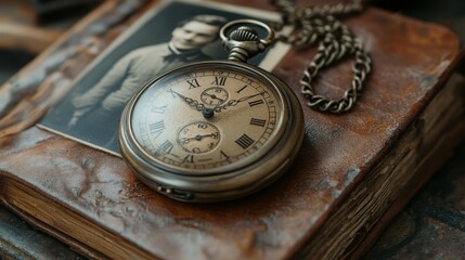 Fototapeta premium A detailed image of a retro pocket watch on a frayed leather-bound journal, with the chain coiled next to a sepia-toned photograph of a family portrait, evoking memories of a past era
