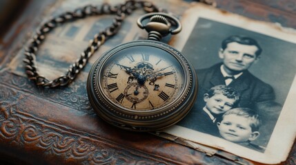 A detailed image of a retro pocket watch on a frayed leather-bound journal, with the chain coiled next to a sepia-toned photograph of a family portrait, evoking memories of a past era