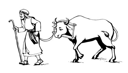 Vector drawing. Old wooden yoke on the cow