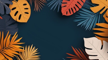 Obraz premium Tropical Leaf Frame: A vibrant and exotic frame of colorful paper leaves against a deep blue background. Perfect for adding a touch of tropical charm to your designs. 