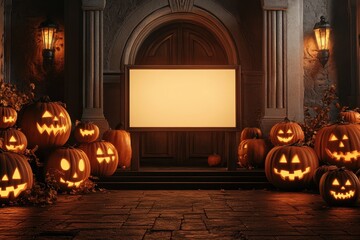 Obraz premium A sign is in front of a large group of pumpkins